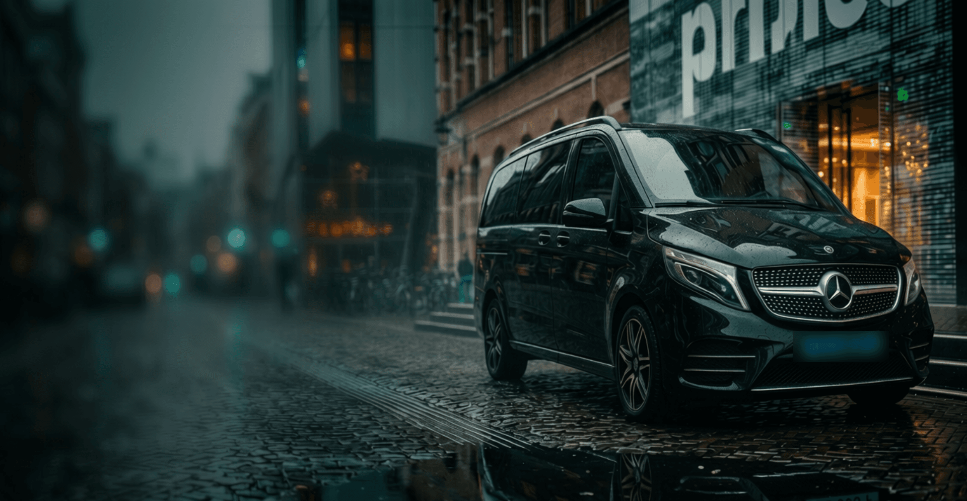 Zwarte Mercedes V-Class taxi van Taxi Centrale Heemskerk in een natte winkelstraat bij avond