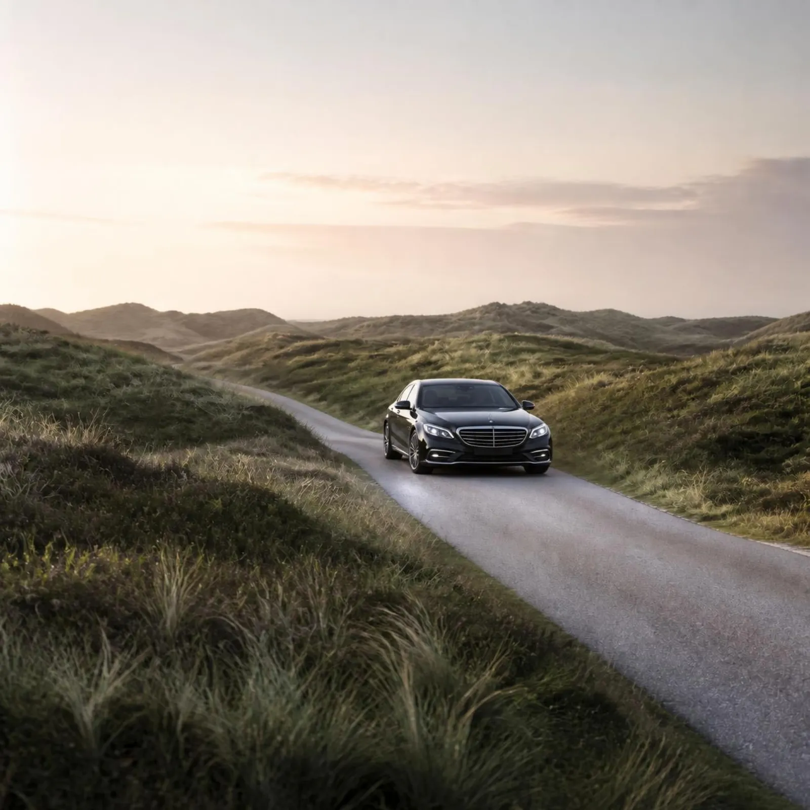 Zwarte Mercedes op een smalle weg door de duinen
