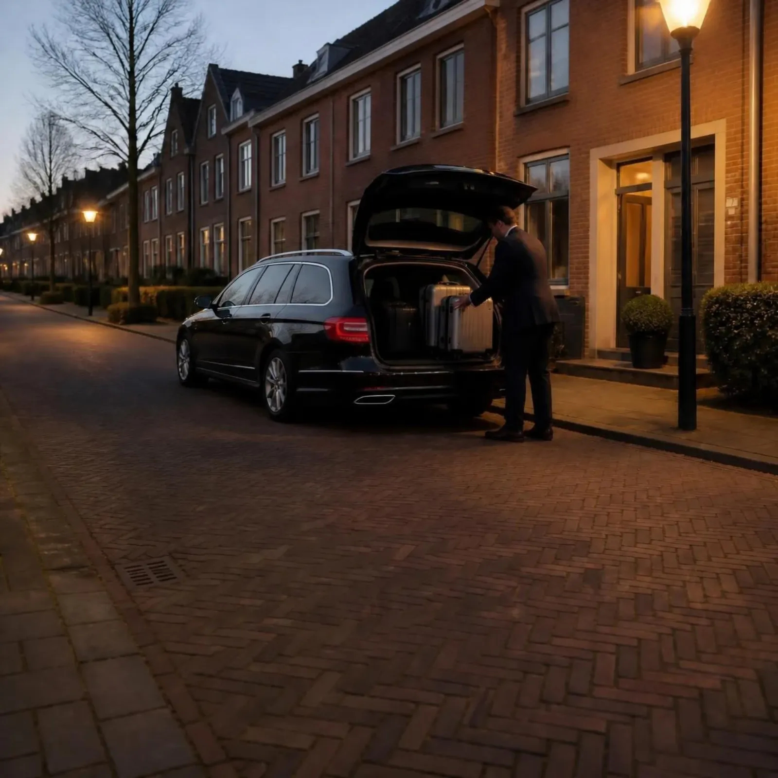 Chauffeur zet koffers in een zwarte Mercedes stationwagen voor een huis in een stille straat, vroeg in de ochtend