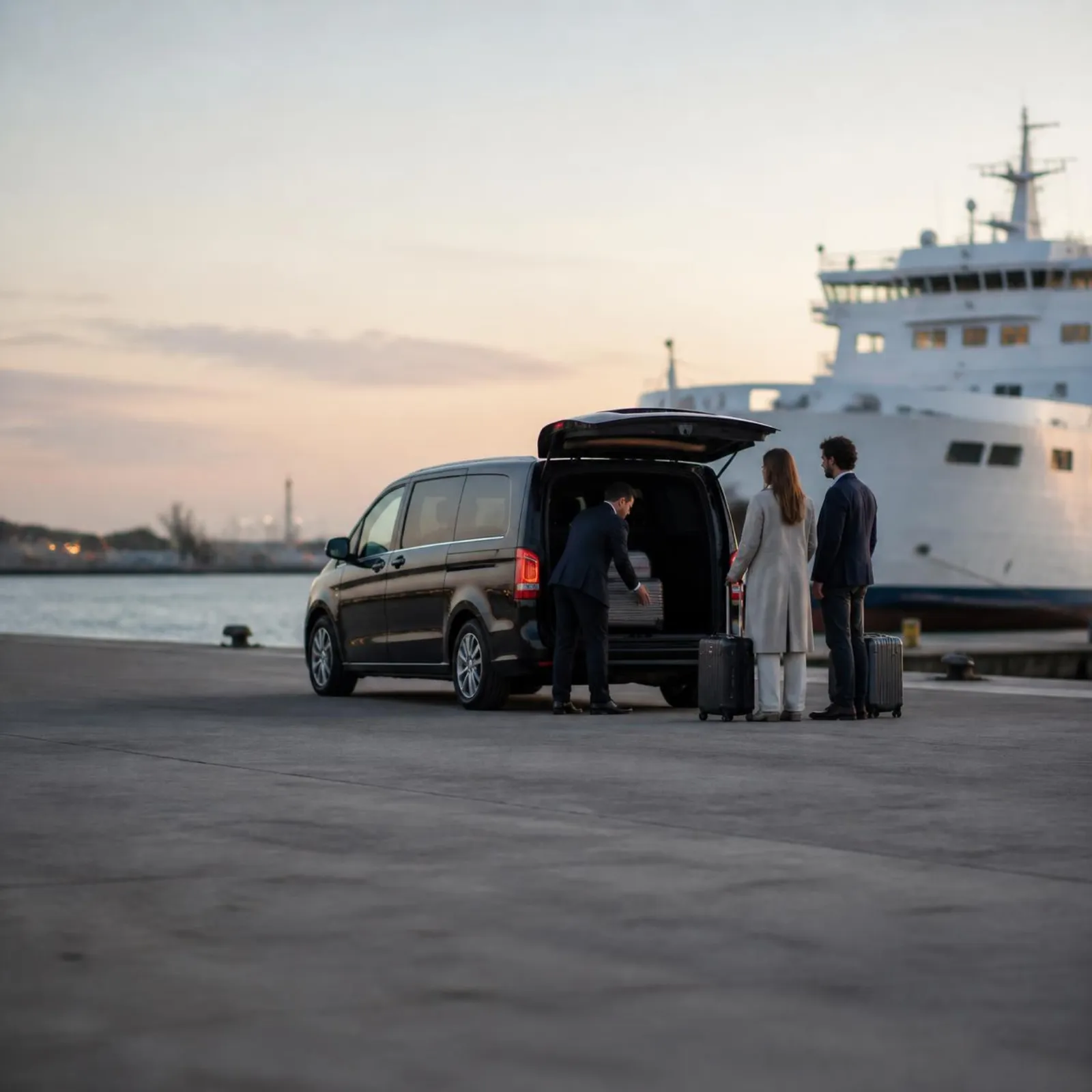 Chauffeur laadt koffers in een zwarte Mercedes V-Klasse op de kade, met een veerboot erachter