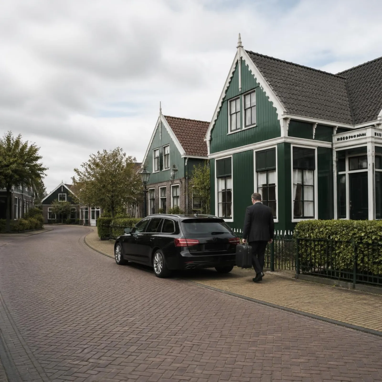 Chauffeur draagt een koffer naar een zwarte Mercedes stationwagen voor groene Zaanse houten huizen