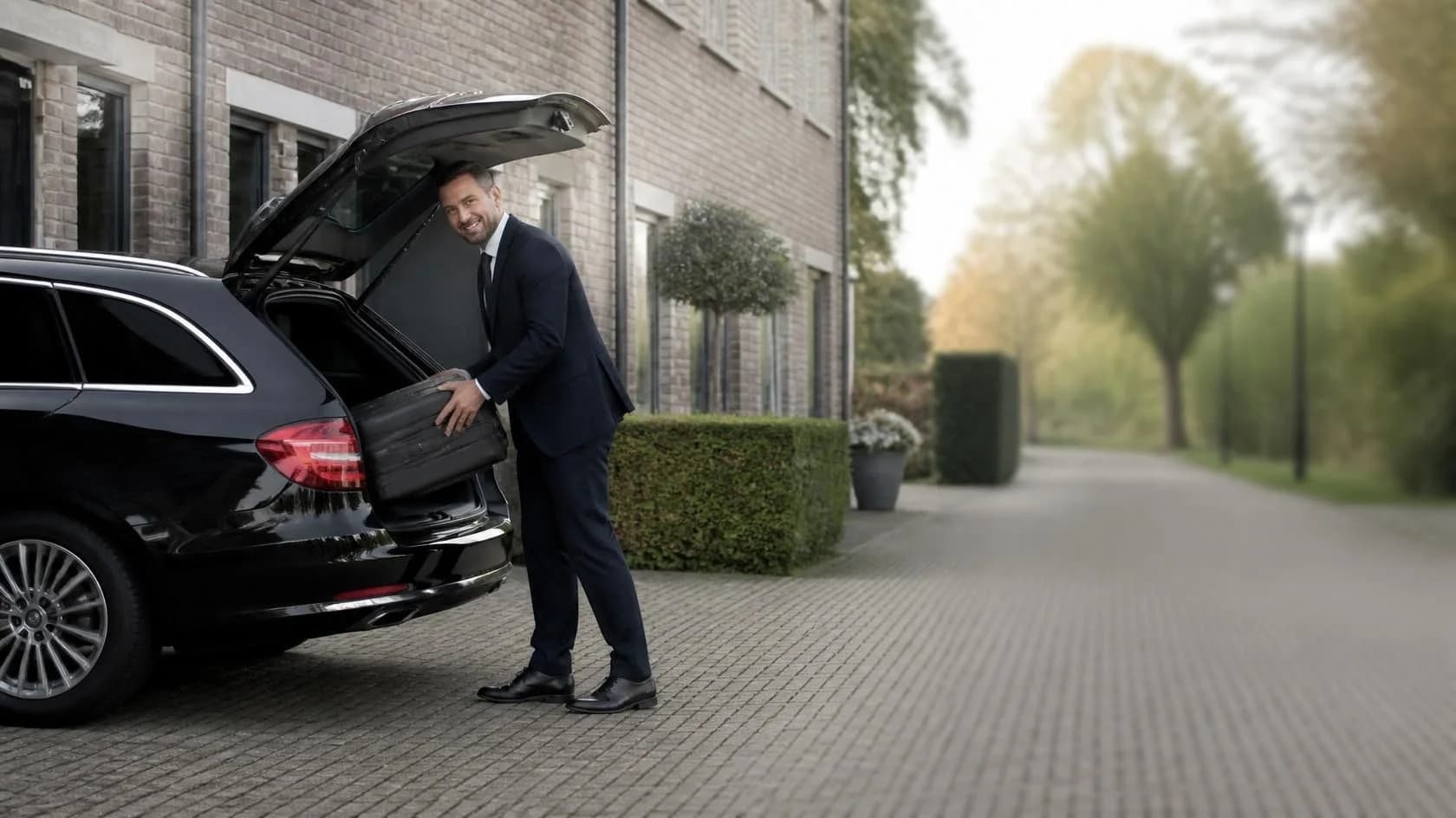 Chauffeur in pak tilt een koffer in de kofferbak van een zwarte Mercedes stationwagen voor een huis
