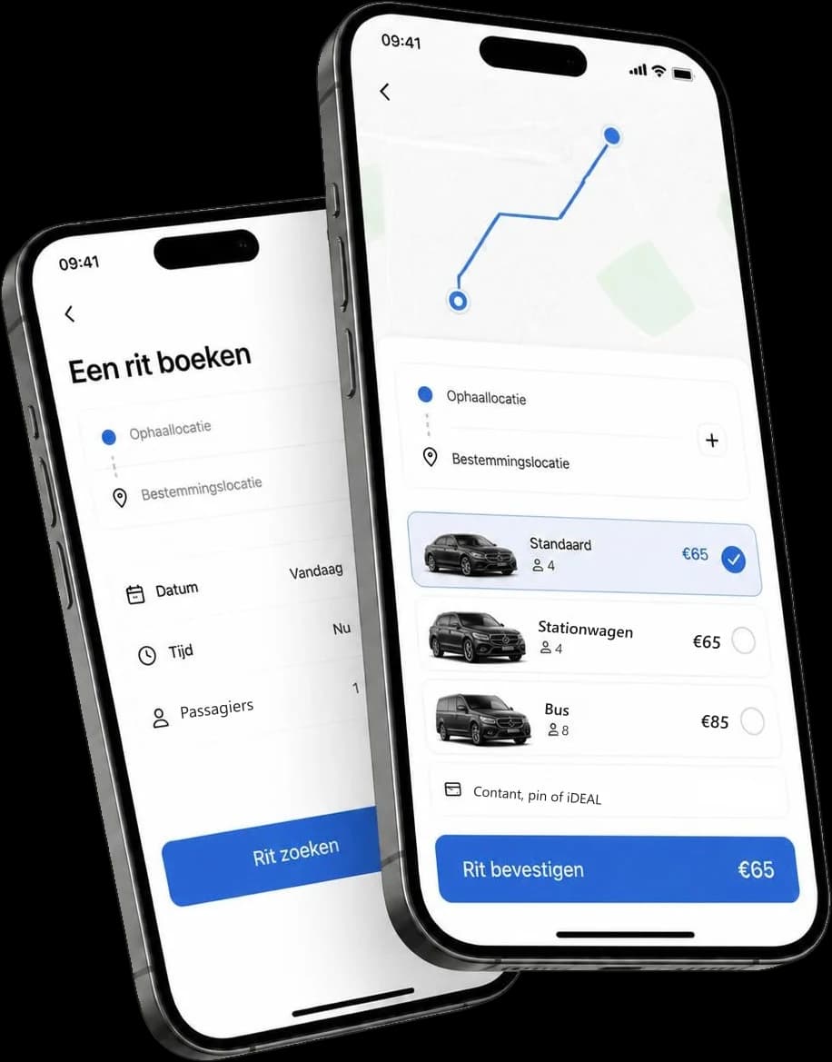 Twee telefoons met het boekscherm: een rit invullen, en de keuze tussen Standaard, Stationwagen en Bus met de vaste prijs