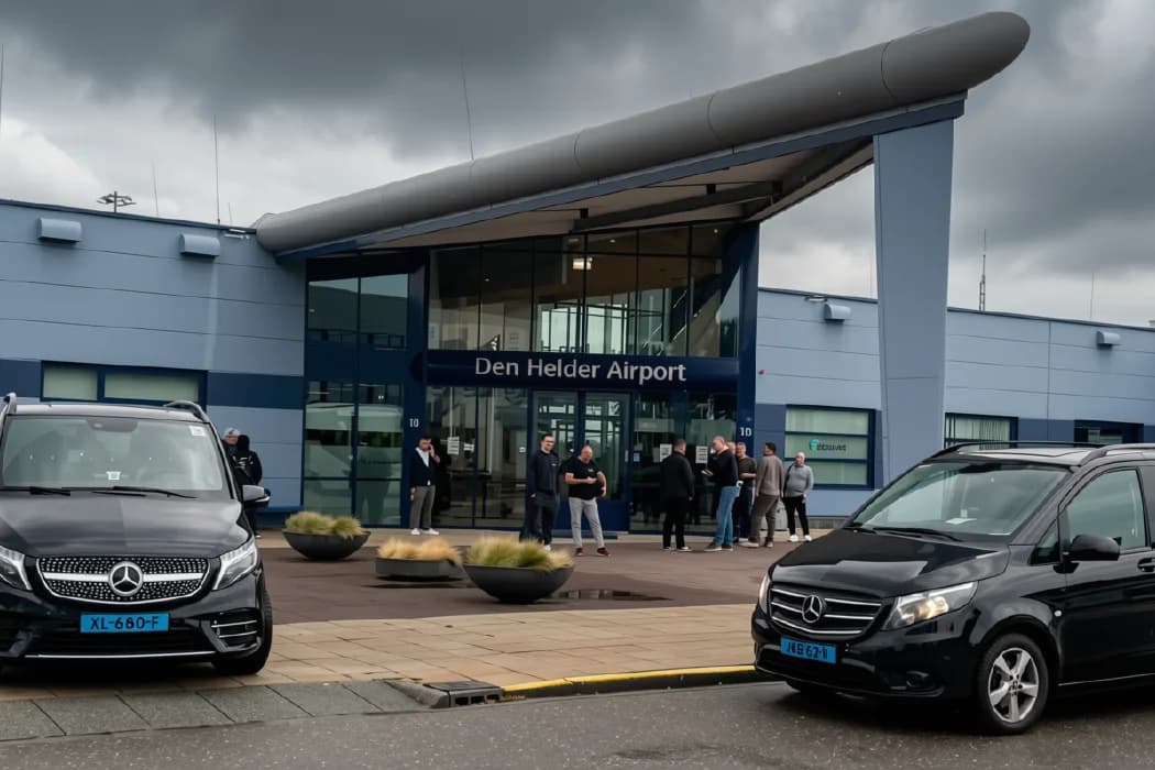 Two black taxi vans outside the terminal building of Den Helder Airport on the Luchthavenweg, with passengers waiting at the entrance under the canopy