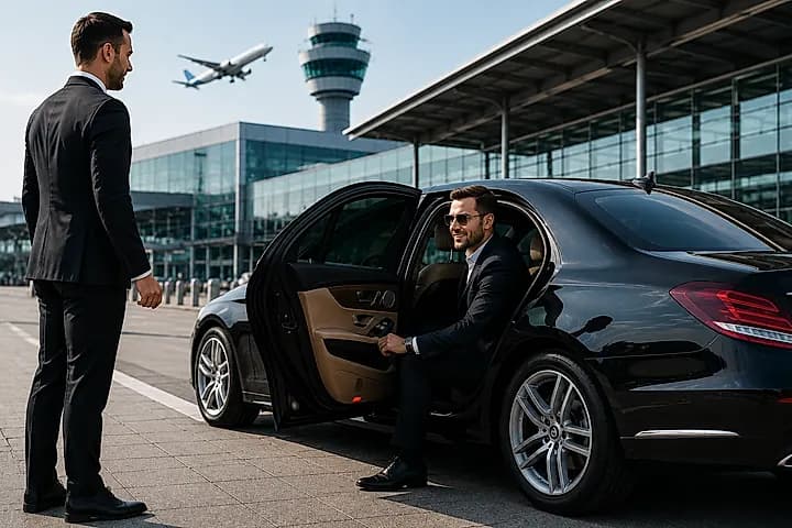 Chauffeur in pak wacht naast een zwarte Mercedes terwijl een zakelijke reiziger instapt, met de verkeerstoren en een opstijgend vliegtuig op de achtergrond