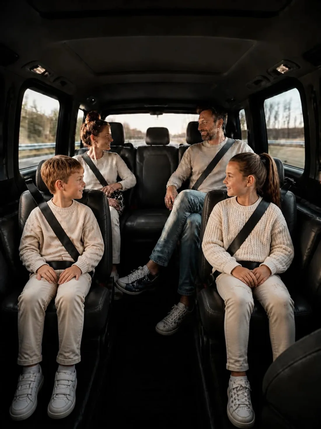 Een gezin met twee kinderen, ontspannen tegenover elkaar in een Mercedes V-Klasse onderweg