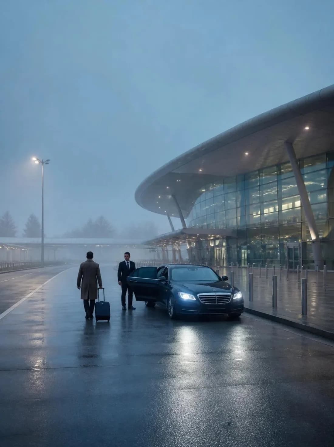 Zwarte Mercedes V-Class van Taxi Centrale Heemskerk voor Vertrekhal 2 op Schiphol, onder het bord Vertrek Departures 2