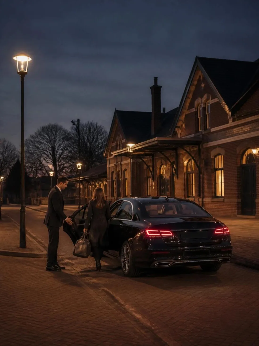 Driver holding the door of a black Mercedes for a woman with a weekend bag at a village station in the evening