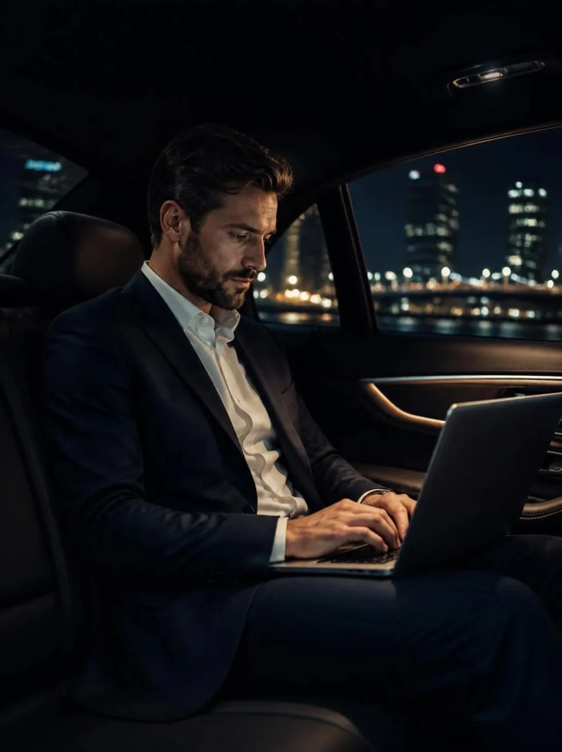 Businessman working on his laptop in the back of a black Mercedes, driving through the city at night