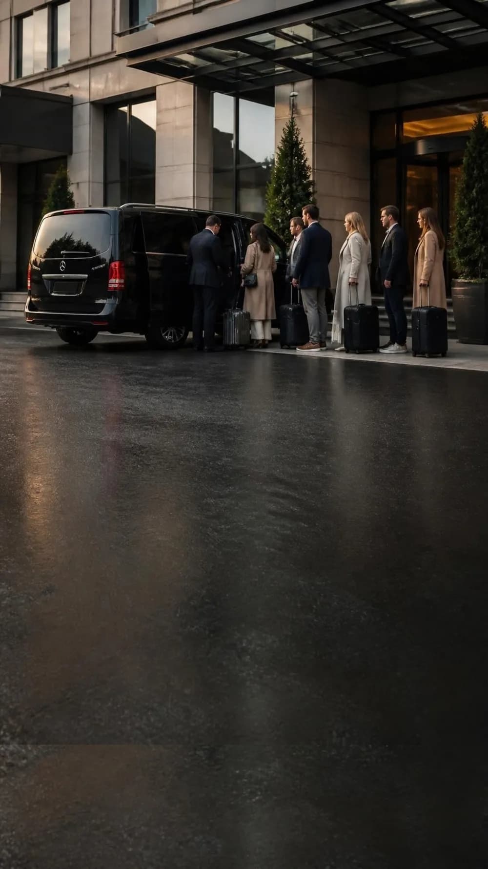 Een groep reizigers met koffers bij een zwarte Mercedes V-Klasse voor een hotel