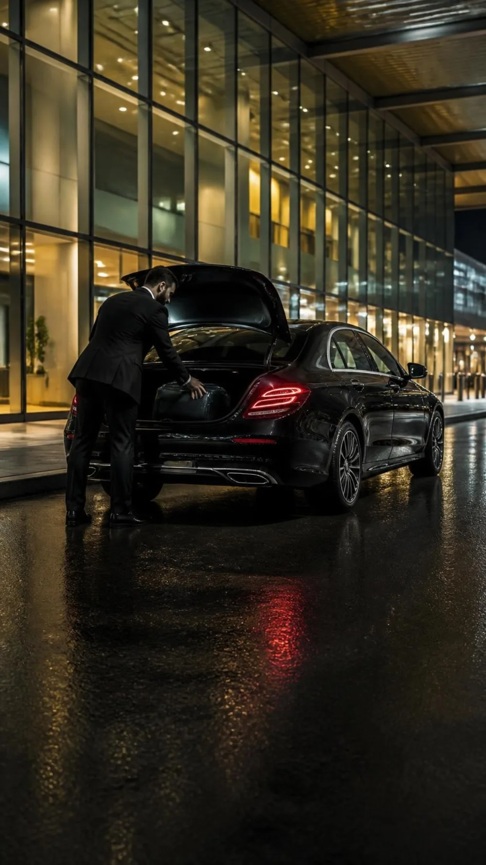Chauffeur laadt koffers in een zwarte Mercedes voor een verlichte terminal, 's avonds