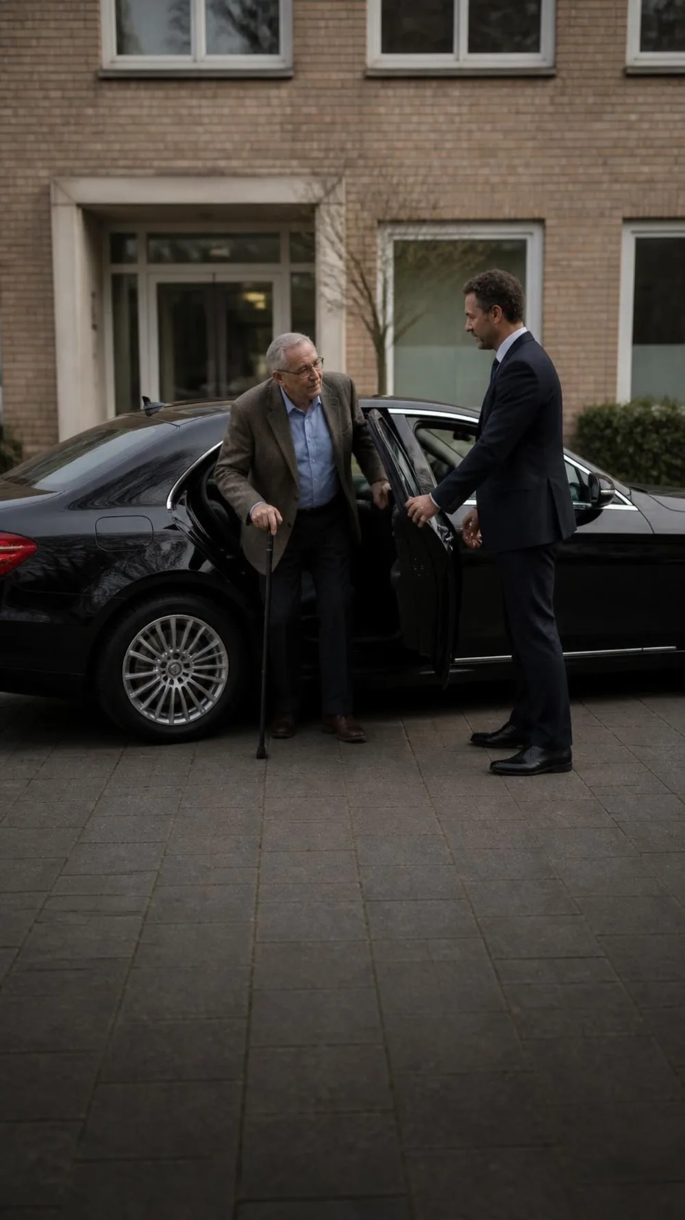 Chauffeur helpt een oudere man met een wandelstok uit een zwarte Mercedes