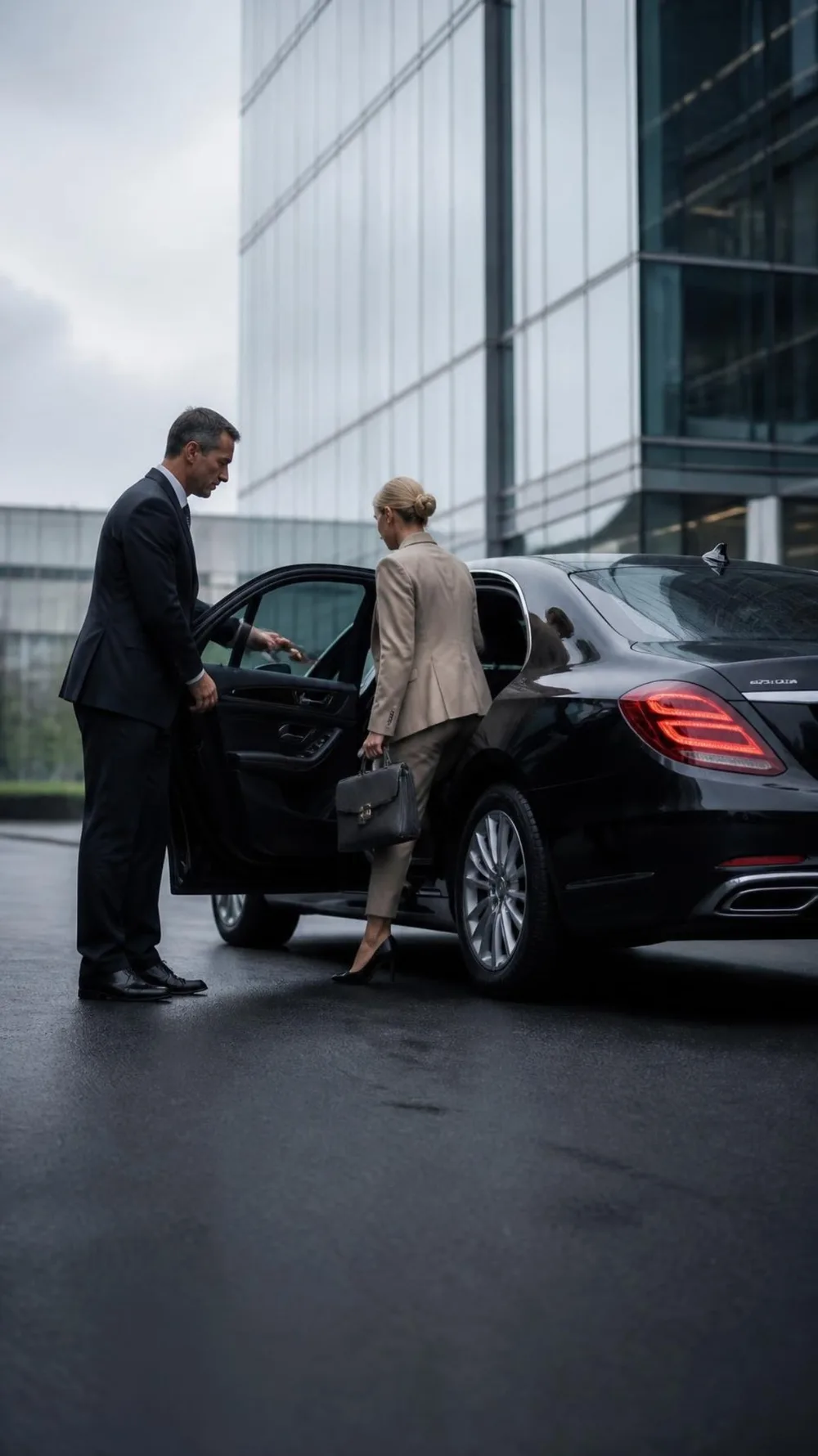 Chauffeur houdt het portier open voor een zakenvrouw bij een kantoorgebouw