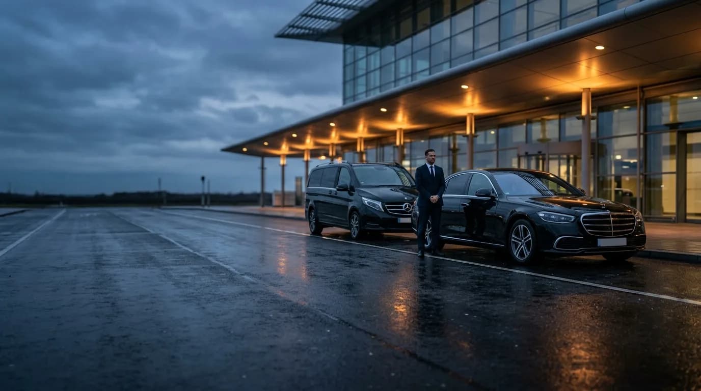 Chauffeur tussen een zwarte Mercedes V-Class en een zwarte Mercedes-sedan voor een luchthaventerminal