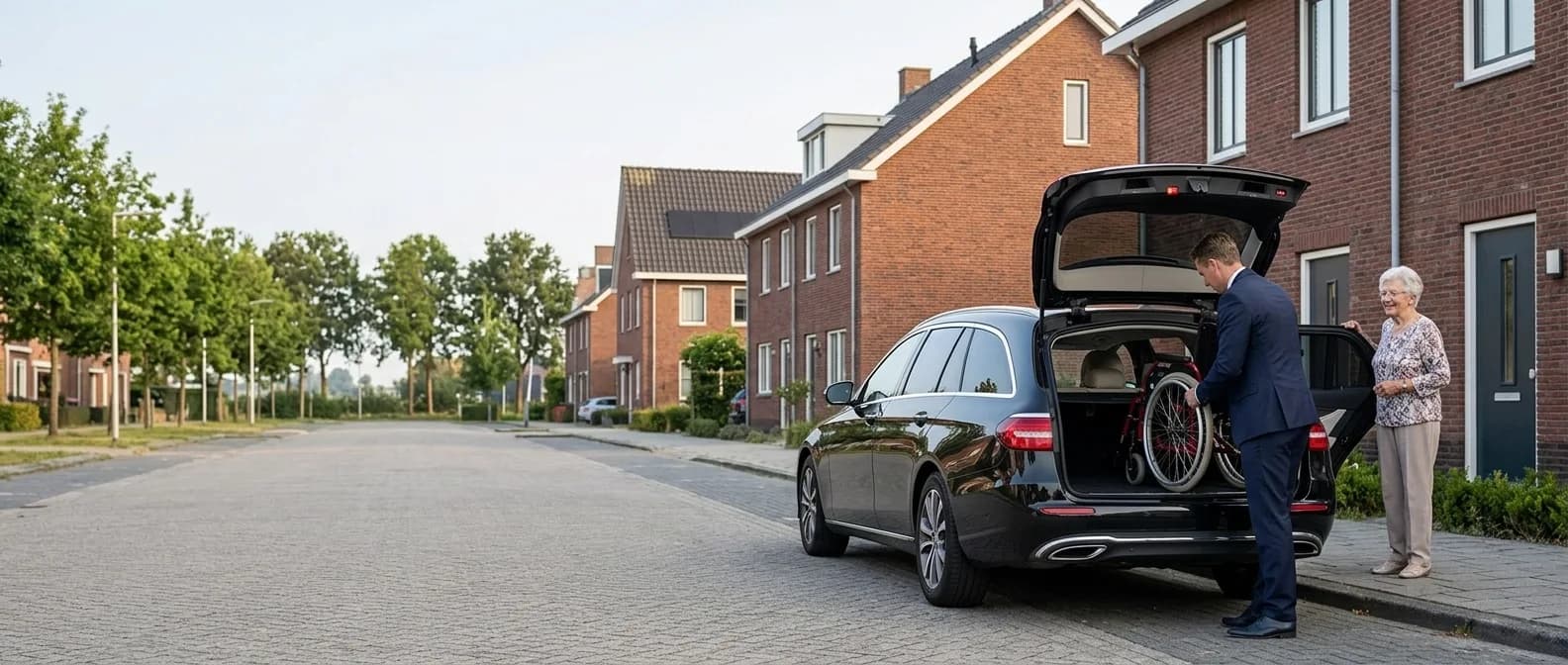 Chauffeur in a suit lifting a folded wheelchair into the boot of a black Mercedes estate on a residential street, while an elderly lady waits by the open door
