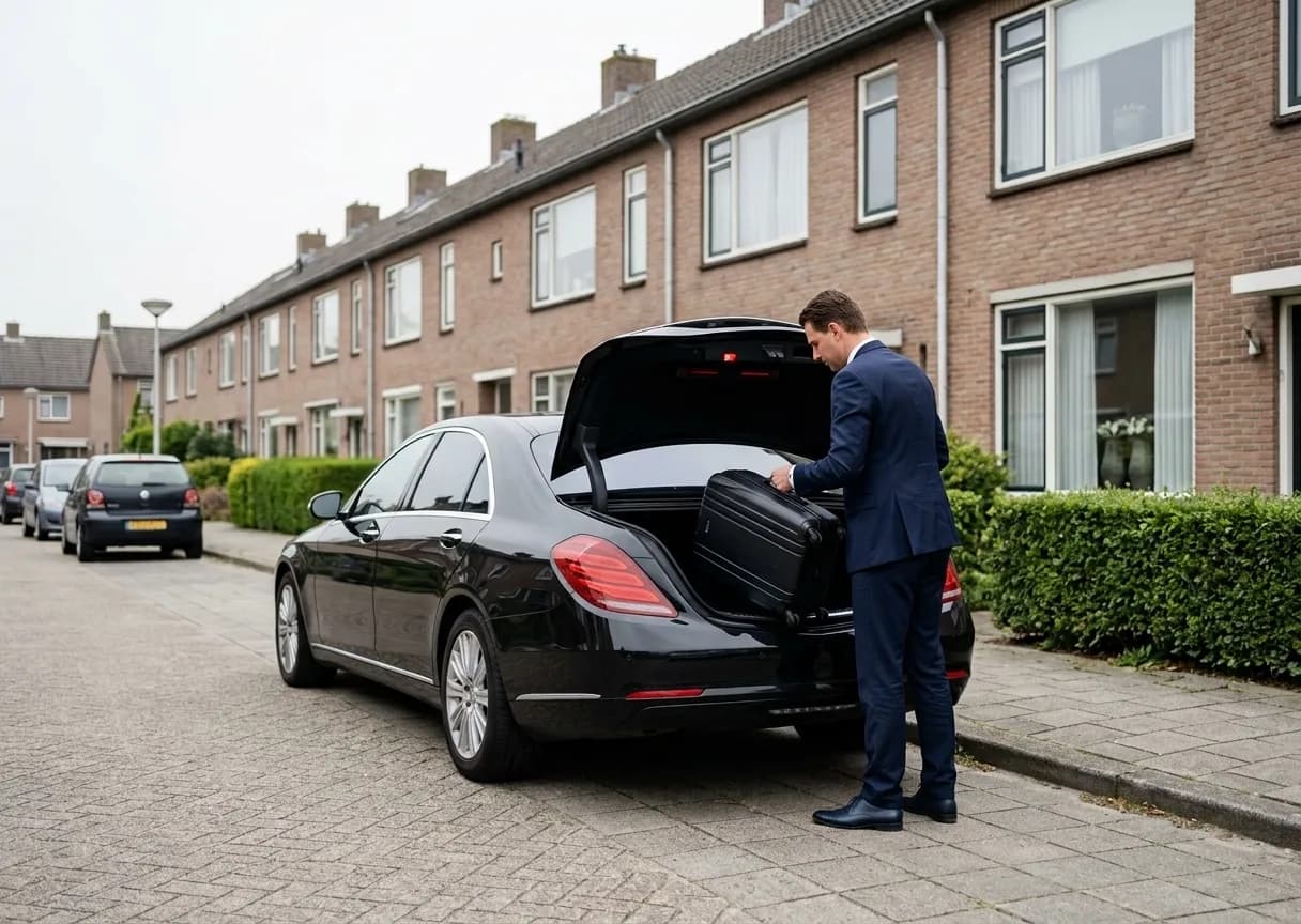 Chauffeur putting a suitcase into the boot of a black Mercedes on a residential street