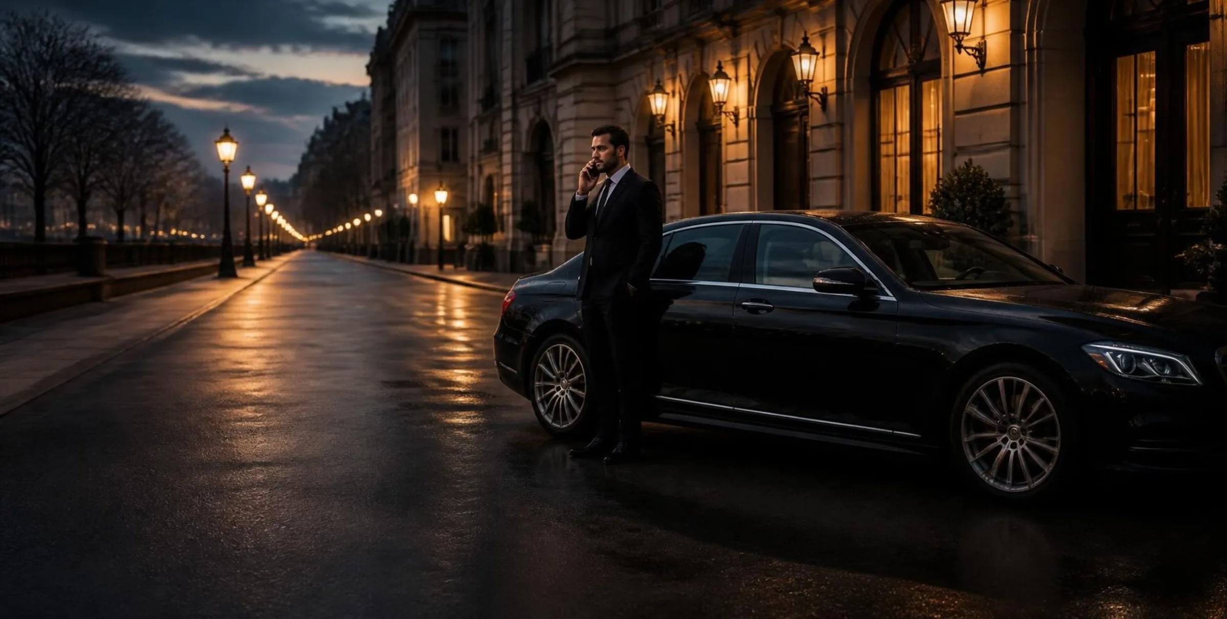 Driver on the phone next to a black Mercedes, on a street lit by lanterns