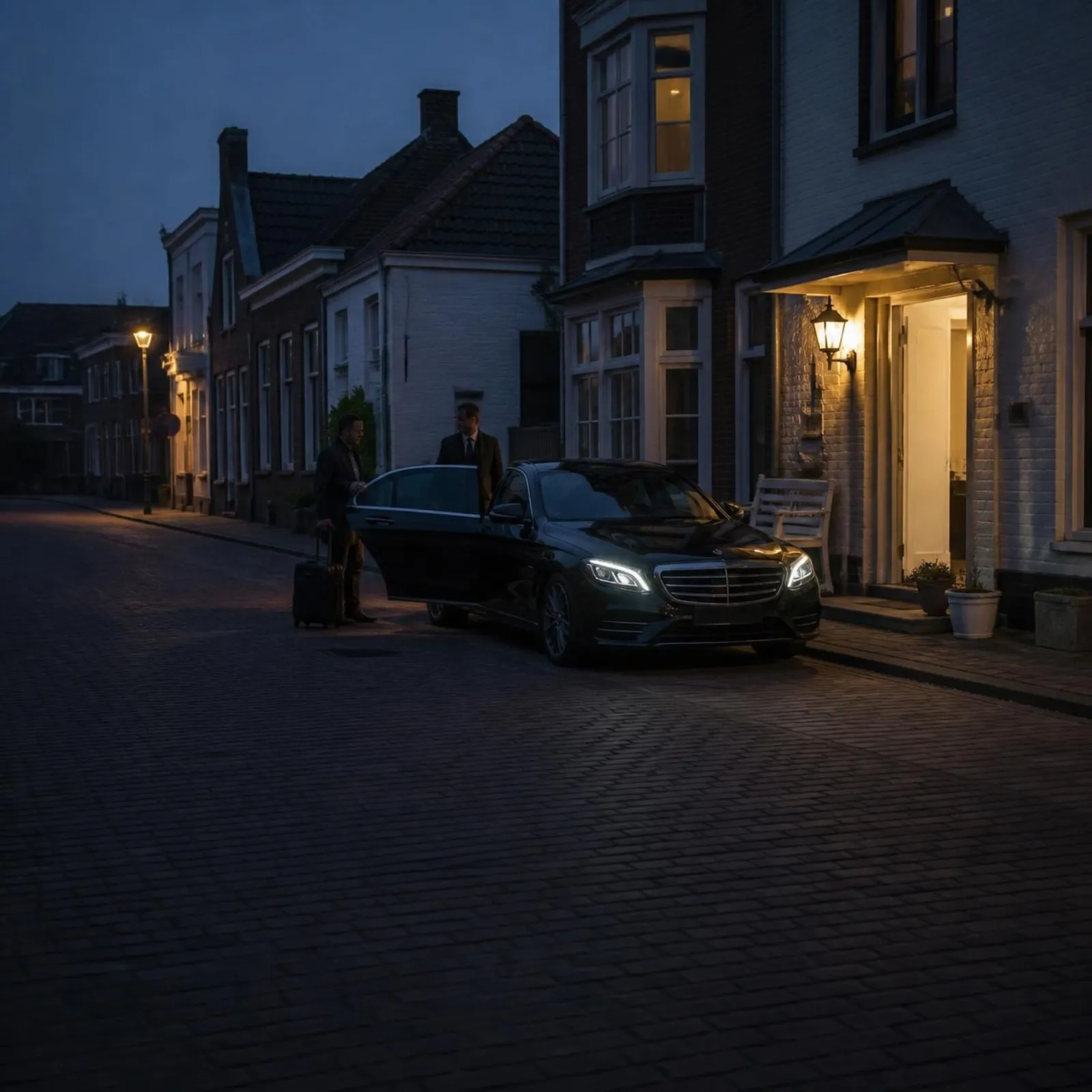 Zwarte Mercedes met brandende koplampen voor een pension, vroeg in de ochtend; een gast met een koffer stapt in