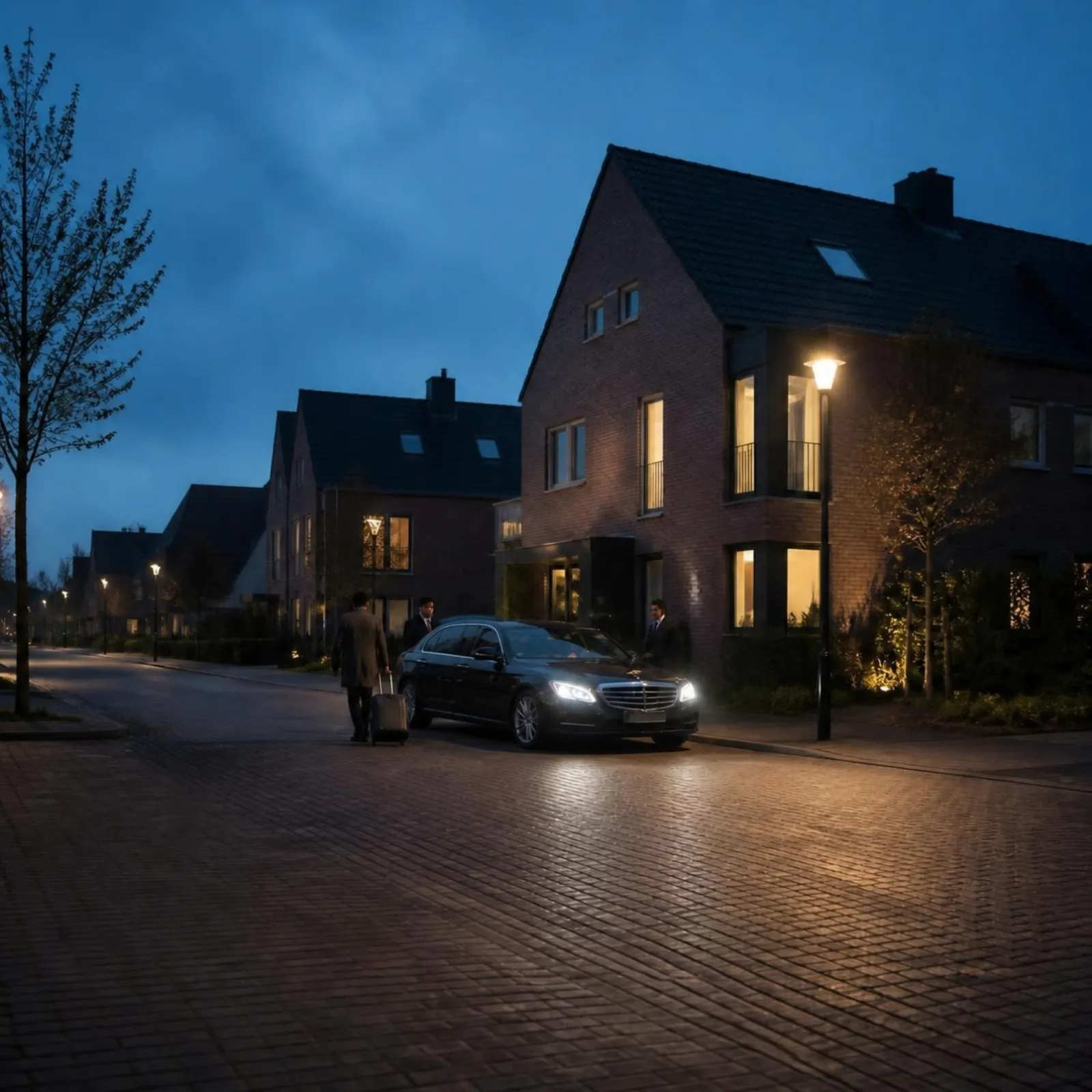 Zwarte Mercedes met brandende koplampen voor een huis in een nieuwbouwwijk, vroeg in de ochtend