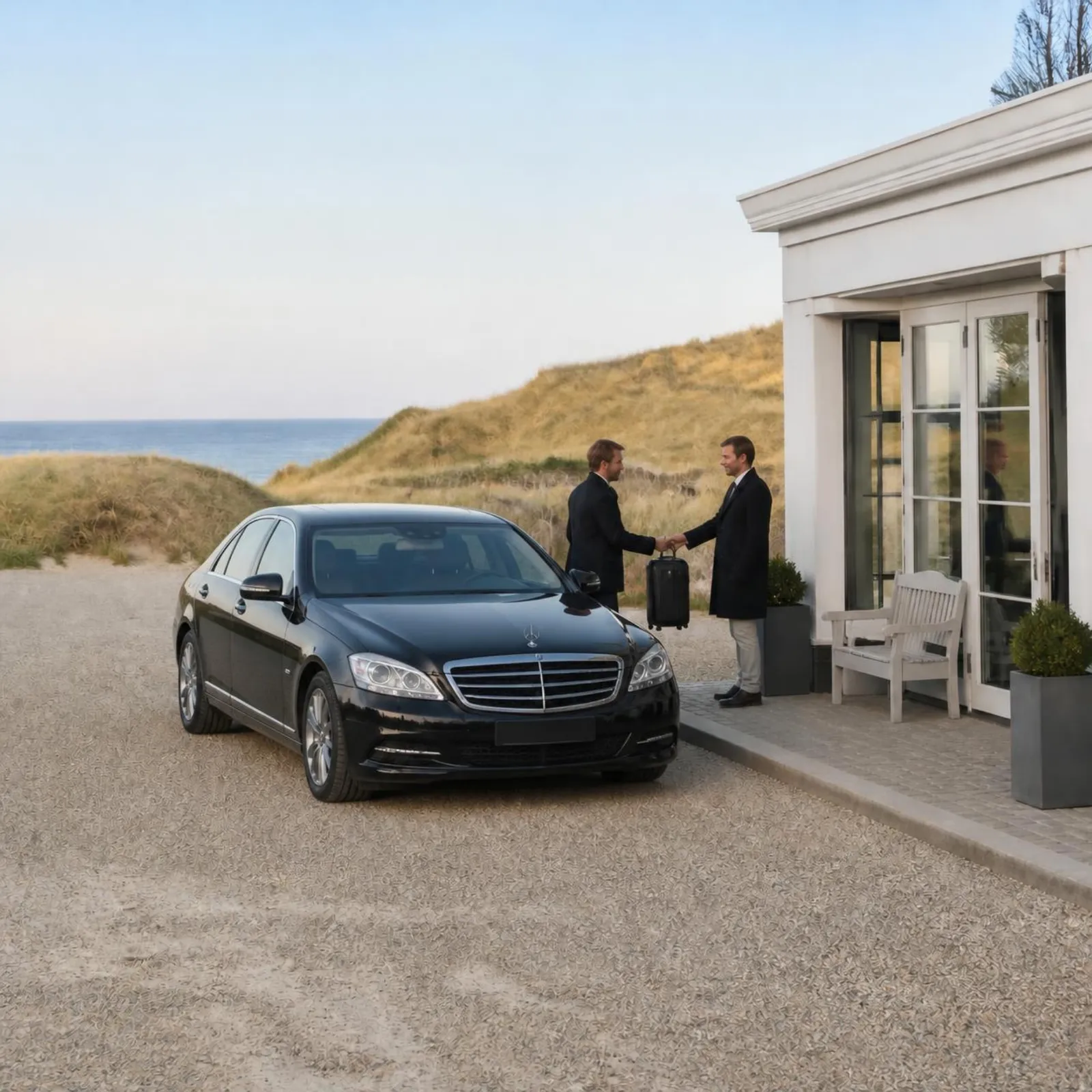 Chauffeur neemt een koffer aan bij de ingang van een hotel aan de duinen, naast een zwarte Mercedes