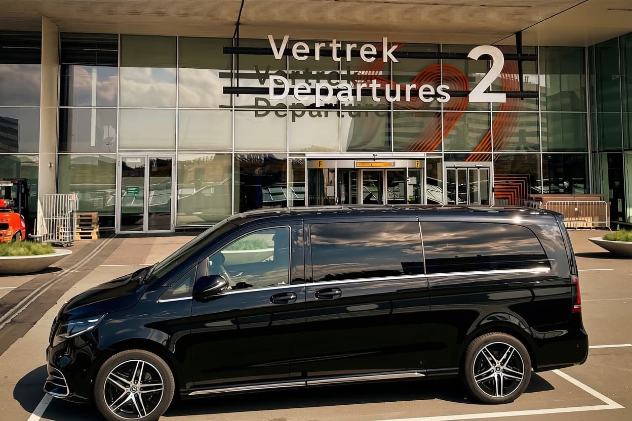 Zwarte Mercedes V-Class van Taxi Centrale Heemskerk voor Vertrekhal 2 op Schiphol, onder het bord Vertrek Departures 2